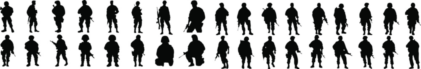 Army soldiers with sniper rifle on duty vector set. Warrior Legion Vector Troop Black Icon Guardian Platoon Emblematic Armed Force. Military tropes. Security person