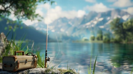 fishing in nature. fishing rod, fishing suitcase for tackle and fishing rod. lake, mountains. summer nature. relaxation and enjoyment