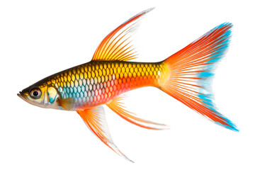 Swordtail fish isolated on white or transparent background. Close-up of colorful fish, side view. A graphic design element to be inserted into a project.