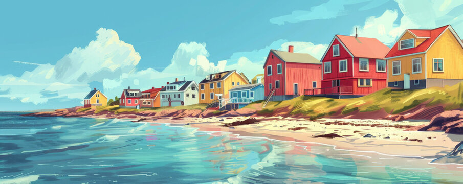 A tranquil seaside village background with colorful houses, calm waters, and the textures of sandy beaches and gentle waves, creating a peaceful and idyllic coastal setting.
