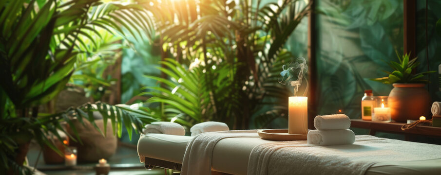A tranquil spa scene featuring a massage table with fresh linens, tropical plants, candles, and a diffuser releasing calming essential oils.