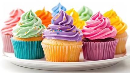 Colorful cupcakes on white plate against white backdrop