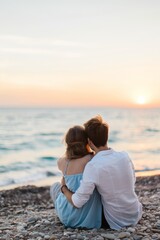Fototapeta premium A family enjoying a romantic moment on the beach at sunset, highlighting the joy and togetherness of a summer vacation by the sea.