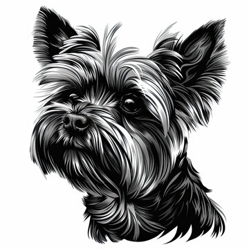 A black and white drawing of a yorkshire terrier dog