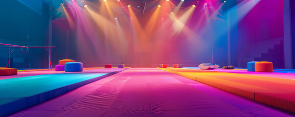 A vibrant gymnastics arena background with colorful mats, balance beams, and the textures of energetic routines and graceful movements.