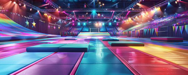 A vibrant gymnastics arena background with colorful mats, balance beams, and the textures of energetic routines and graceful movements.