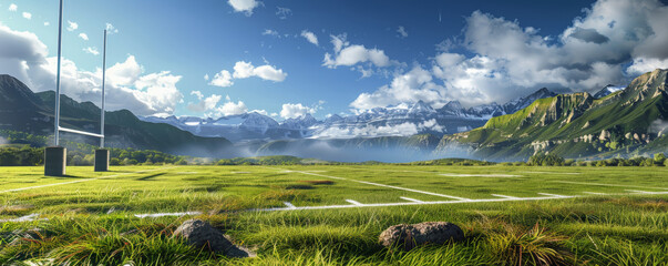 A vibrant rugby field background with lush grass, white goalposts, and the textures of rugged terrain and intense gameplay.