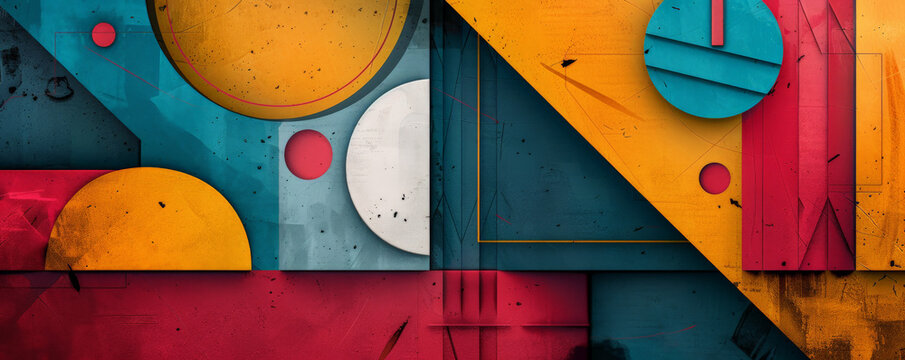 Abstract geometric background with bold shapes, vibrant colors, and textured layers. The artistic, dynamic design adds a sense of creativity and modernity, ideal for innovative themes