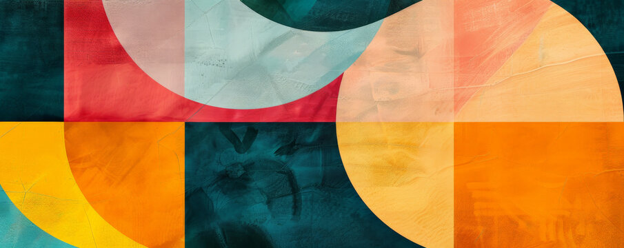 Abstract geometric background with bold shapes, vibrant colors, and textured layers. The artistic, dynamic design adds a sense of creativity and modernity, ideal for innovative themes