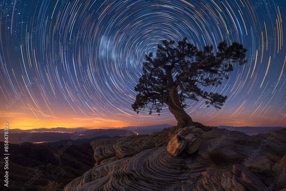 Sticker ai generated illustration of a stunning night sky with star trails and a lone tree