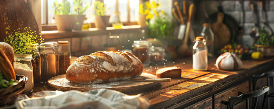 Bread bakery background featuring a farmhouse kitchen with a wooden table, fresh bread, jars of ingredients, and a warm, homely atmosphere