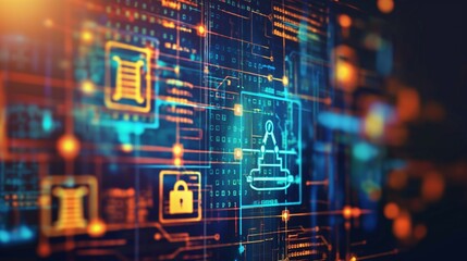 Fototapeta premium A vibrant compliance icon integrated into a sophisticated technological business data network, emphasizing regulatory standards and risk management in a modern digital landscape.