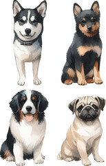 set with various dogs in watercolor style