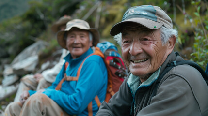 Senior men taking a break while hiking in the mountains, sharing smiles and laughter against a stunning backdrop of nature, embodying the spirit of adventure and companionship