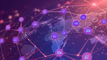 Global shipping and supply chain illustration. Connected purple icons on world map background. International import, export, distribution and transportation concept.	