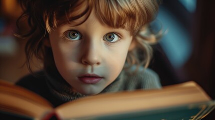 Close up of attractive child reading a book while looking at camera. Elementary student holding fairy tale novel book or bedtime stories with blurring background. Creative activity concept. AIG42. © InfiniteFlow