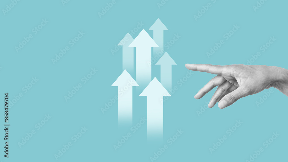 Poster the hand shows the arrows pointing at creative business chart with upward arrows. financial, busines