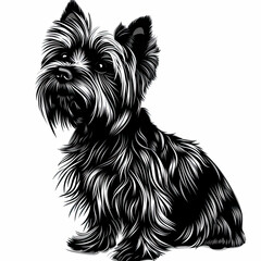 A black and white drawing of a yorkshire terrier dog