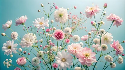 Delicate And Colorful Flowers Of Various Breeds On A Solid Blue Background.