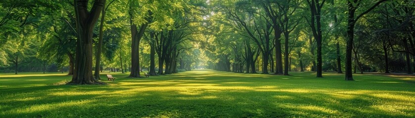 Obraz premium A serene woodland path immersed in lush green trees, bathed in soft daylight. Tranquil mood, perfect for relaxation