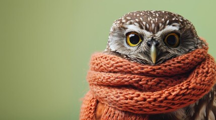 Close-up of an owl wrapped in an orange knitted scarf against a green backdrop, creating a cozy and whimsical atmosphere