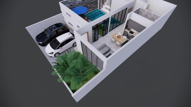The floor plan design concept measures 10x15 m&sup2; with two bedrooms and a swimming pool.