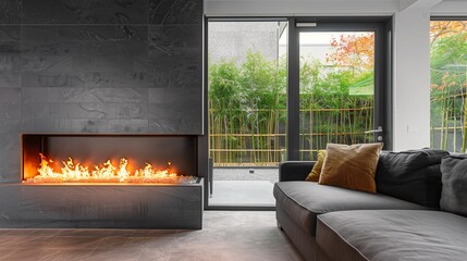 A modern living room with a wall-mounted slate fireplace, a charcoal gray sectional, and a set of...