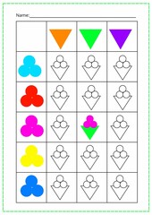 A printed sheet of kids workbook with geometric shapes. A logical game. Vector illustration.