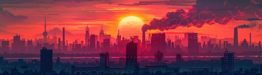 Fototapeta premium Vibrant sunset over a dense cityscape, with prominent smoke plumes, evoking an industrial yet serene atmosphere