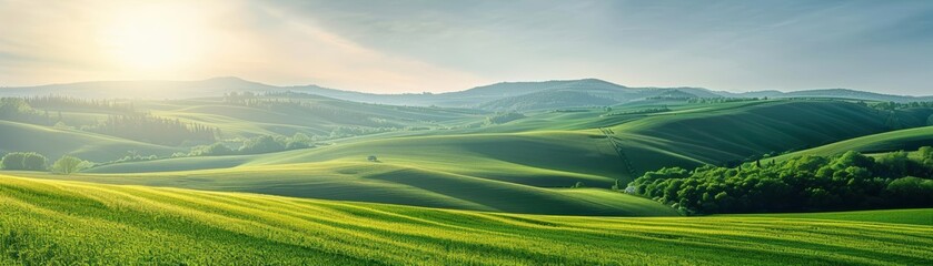 Obraz premium Vast green valleys with sunlight piercing through, evoking a sense of calm and peace