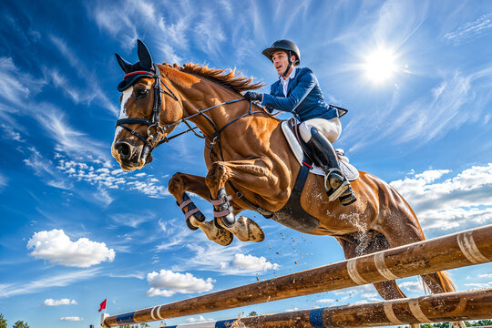 Brown horse jumping over fence rail obstacles, equestrian show jumping