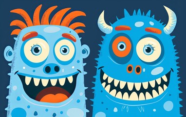 Obraz premium Two cartoon monsters with big eyes and big smiles full of teeth. Imitation of a painted picture. Illustration for banner, poster, cover, brochure or presentation.