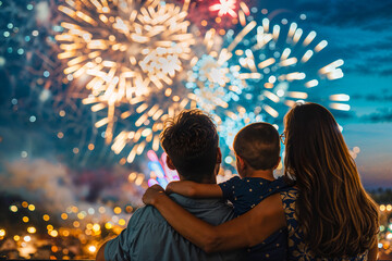 Family watching fireworks display, night
