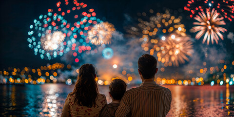 Family watching fireworks display, night, wide banner