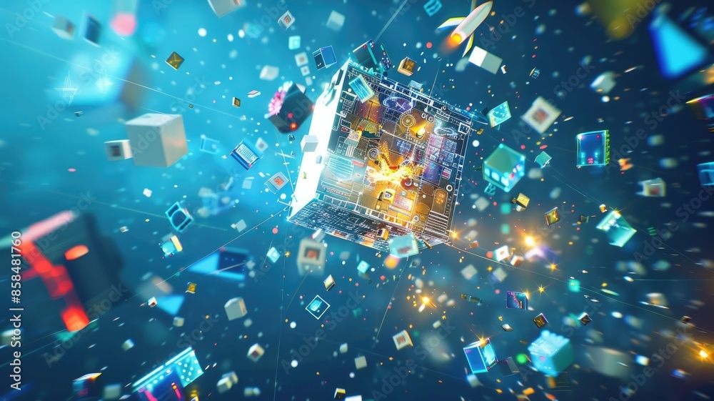 Poster abstract digital art image of a 3d transparent cube with floating technology icons. a box made from 