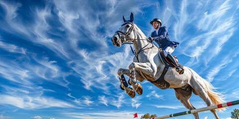 White horse jumping over fence rail obstacles, equestrian show jumping, wide banner, copyspace