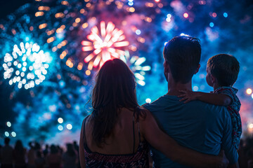 Family watching fireworks display, night