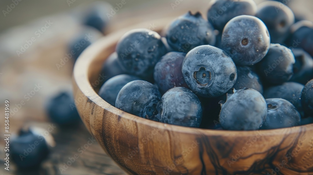 Poster Blueberries in wooden bowl for healthy dieting