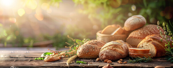 Bread bakery background featuring a rustic wooden table with a variety of bread, fresh herbs, and a warm, sunlit atmosphere