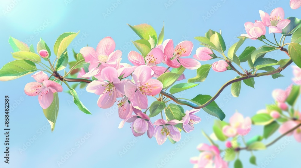 Wall mural Blooming pink apple tree branch on banner against blue sky Elegant garden with room for text - Wall murals
