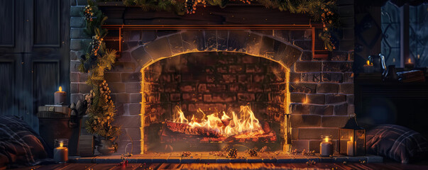 Cozy fireplace background with warm flames, a textured brick hearth, and plush surroundings. The inviting, comforting scene evokes a sense of warmth and relaxation, perfect for cozy themes