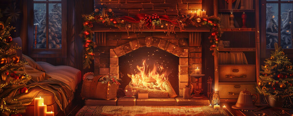 Cozy fireplace background with warm flames, a textured brick hearth, and plush surroundings. The inviting, comforting scene evokes a sense of warmth and relaxation, perfect for cozy themes