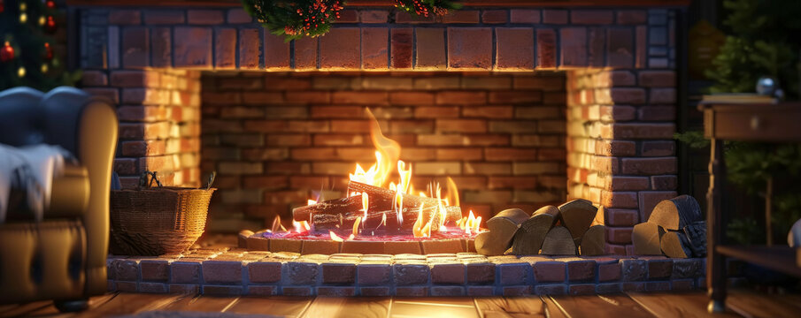 Cozy fireplace background with warm flames, a textured brick hearth, and plush surroundings. The inviting, comforting scene evokes a sense of warmth and relaxation, perfect for cozy themes