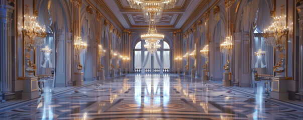 Fototapeta premium Elegant ballroom background with grand chandeliers, polished marble floors, and luxurious textures. The opulent, sophisticated scene adds a touch of class and grandeur, perfect for formal themes