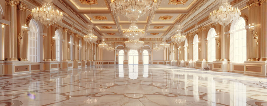 Elegant ballroom background with grand chandeliers, polished marble floors, and luxurious textures. The opulent, sophisticated scene adds a touch of class and grandeur, perfect for formal themes