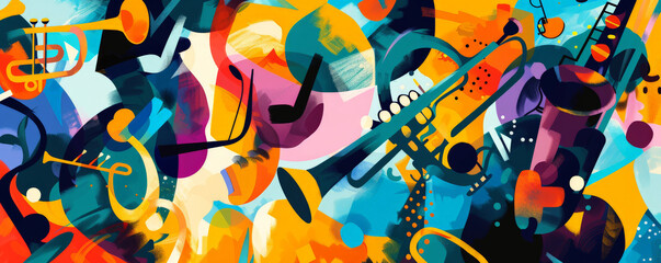 Lively jazz music background with bright, dynamic colors and abstract shapes. The energetic design reflects the vibrant spirit of live jazz.