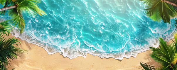 Lush tropical beach background with golden sand, turquoise water, and vibrant palm trees. The bright, colorful scene creates a relaxing, paradise-like atmosphere, ideal for vacation or summer themes