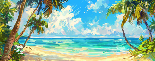 Obraz premium Lush tropical beach background with golden sand, turquoise water, and vibrant palm trees. The bright, colorful scene creates a relaxing, paradise-like atmosphere, ideal for vacation or summer themes