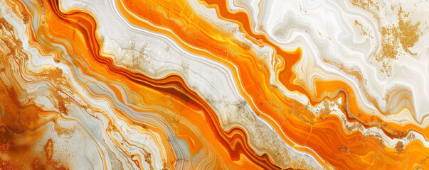 Marble abstract background in a rich, warm palette of orange, gold, and white. The patterns are bold and energetic, creating a vibrant and inviting atmosphere