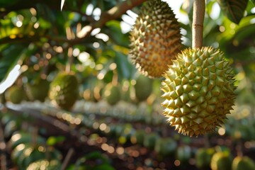 Fototapeta premium Future of Farming: Ultra-Realistic View of a 2050 Futuristic Durian Farm with Sustainable High-Tech Cultivation
